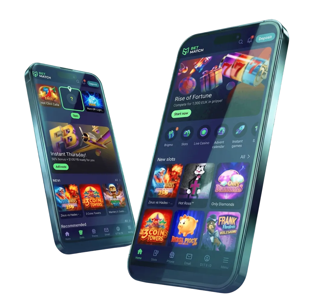 BetMatch Casino App kezdőképernyője két okostelefonon