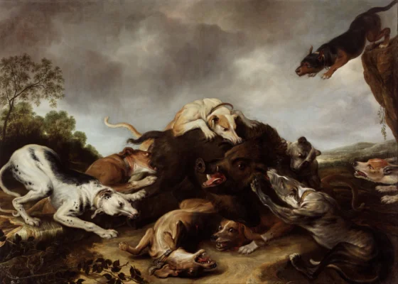 Old portrait painting of a 17th century boar hunt with Great Danes