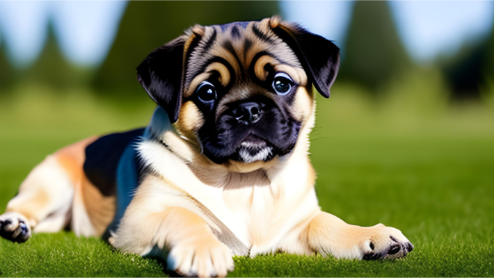 Adorable golden retriever pug mix puppy outdoors