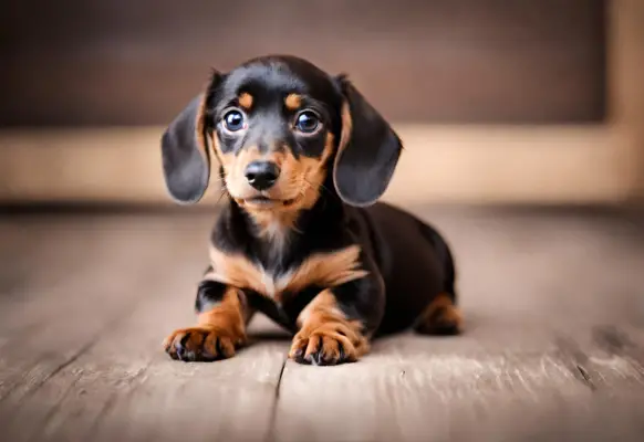 An adorable brown and tan mini dachshund puppy looking up with big eyes
