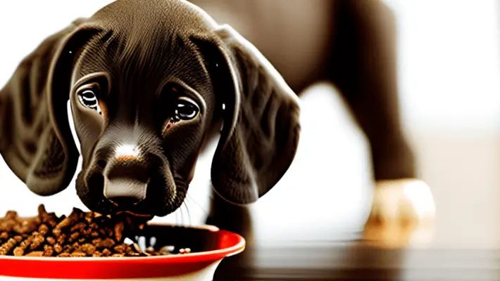  German Shorthaired Pointer puppy eating puppy food from bowl