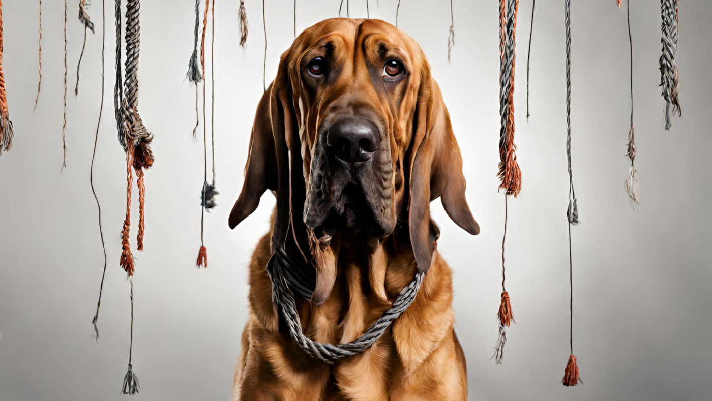 A bloodhound dog with strings