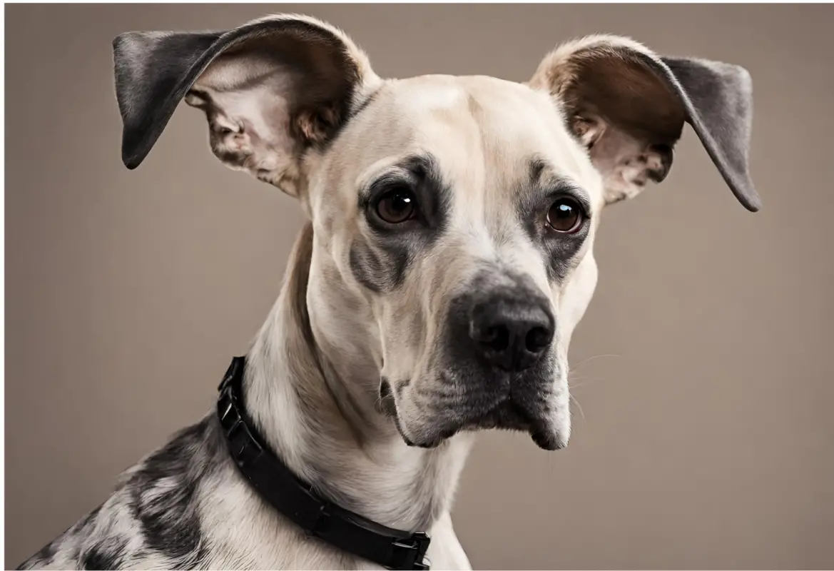 Great Dane Chihuahua mix dog with Chihuahua ears and Great Dane face looking at camera