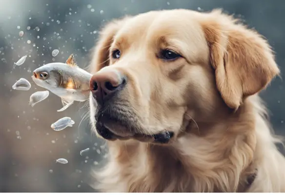 A smell particle is coming from a female dog and smell seems to be a fish smell