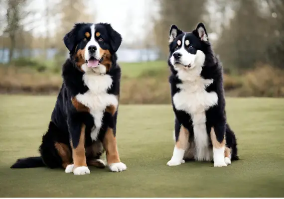 Adorable Bernese Mountain Dog and Husky are standing tall