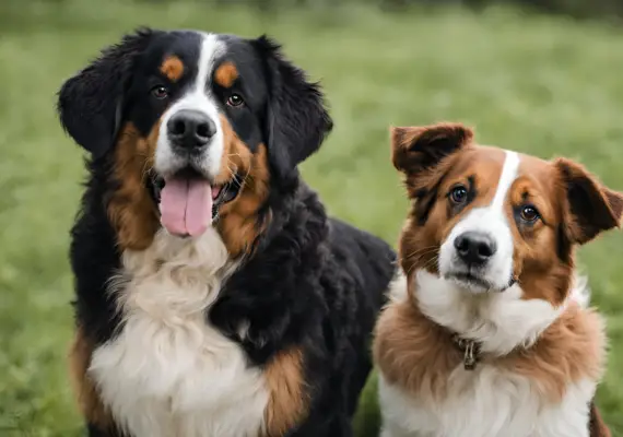 Adorable Bernese Mountain Dog and Jack Russel are standing together