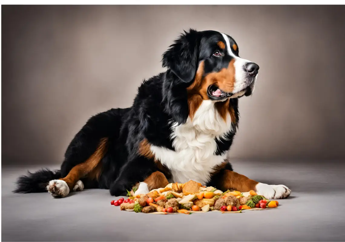 Bernese Mountain Dog with food around him but he cant eat due to diet control