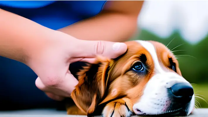 Hand comforting a puppy by gently petting after receiving shots