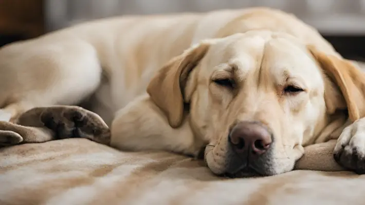 A yellow Labrador retriever sleeping on a damp dog bed