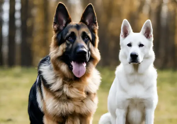 German Shepherd and Swiss White are siting side by side
