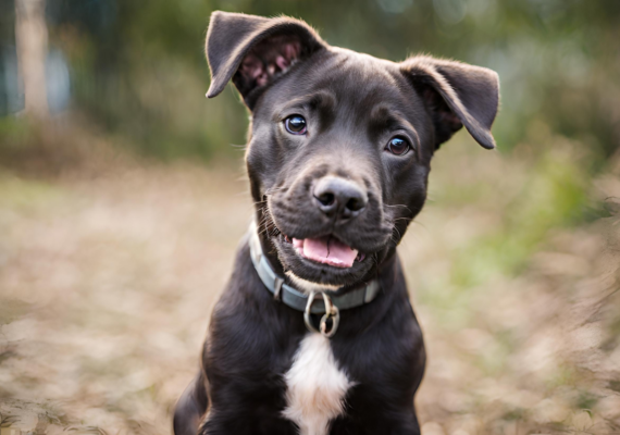 Tan Labrastaff puppy with white paws smiling directly at the camera. Adorable labrador cross staffie puppy.